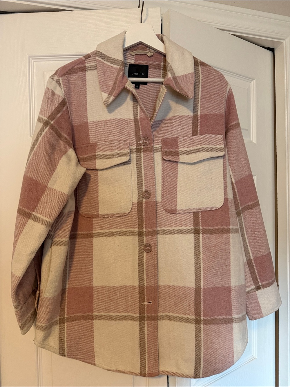 Dynamite Cream and Dusty Pink Plaid Utility Shacket